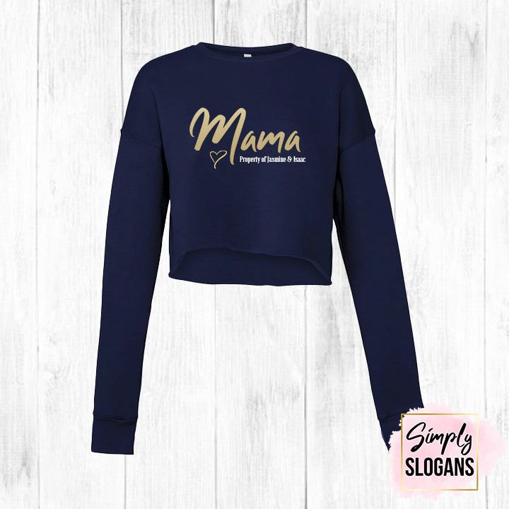 'Mama Property Of' Cropped Crew Fleece - Navy